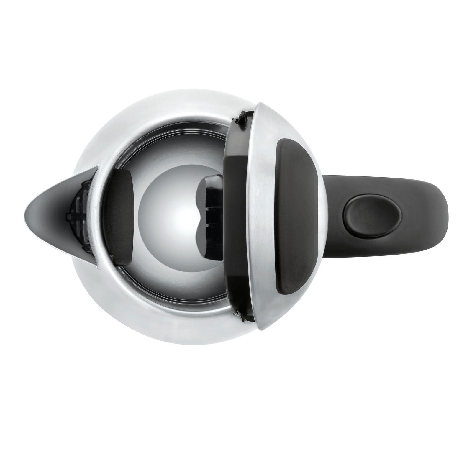 Blick von oben auf einen offenen Wasserkocher 1,7l Stelio mit Edelstahl-Design und schwarzem Griff.