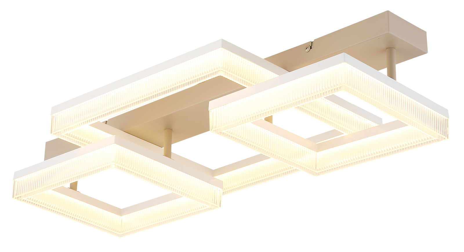 Moderne LED-Deckenleuchte mit drei quadratischen, leuchtenden Rahmen, seitliche Perspektive