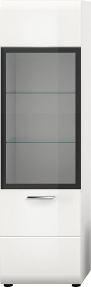 Weißer Vitrinenschrank mit großer, dunkel gerahmter Glastür, zwei Glasböden und silbernem Griff, Frontansicht.