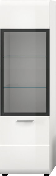 Weißer Vitrinenschrank mit großer, dunkel gerahmter Glastür, zwei Glasböden und silbernem Griff, Frontansicht.
