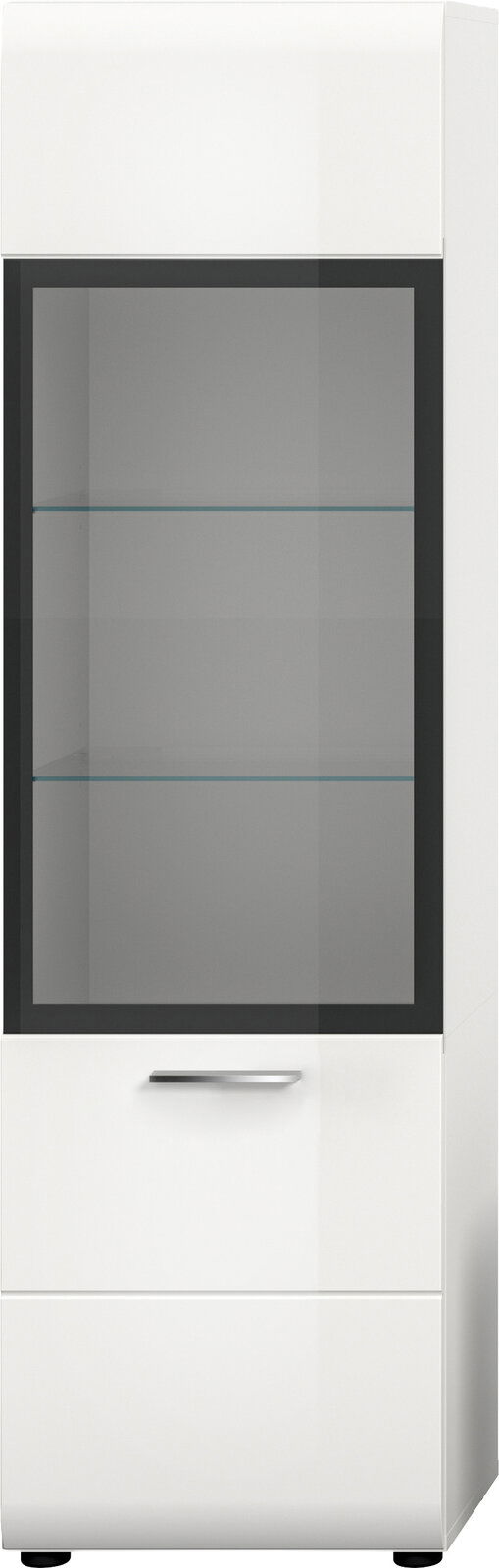 Weißer Vitrinenschrank mit großer, dunkel gerahmter Glastür, zwei Glasböden und silbernem Griff, Frontansicht.