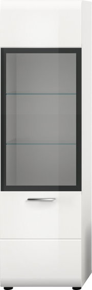 Weißer Vitrinenschrank mit großer, dunkel gerahmter Glastür, zwei Glasböden und silbernem Griff, Frontansicht.