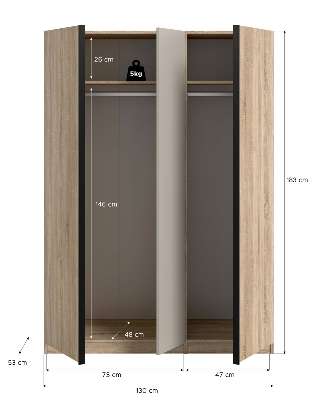 Offener Kleiderschrank in Holzoptik mit drei Türen, Innenaufteilung mit Ablageboden und Kleiderstange, Maßangaben (H 183 cm, B 130 cm, T 53 cm) und Hinweis auf 5-kg-Belastbarkeit des oberen Fachs, dargestellt in frontaler Perspektive.