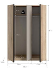 Offener Kleiderschrank in Holzoptik mit drei Türen, Innenaufteilung mit Ablageboden und Kleiderstange, Maßangaben (H 183 cm, B 130 cm, T 53 cm) und Hinweis auf 5-kg-Belastbarkeit des oberen Fachs, dargestellt in frontaler Perspektive.