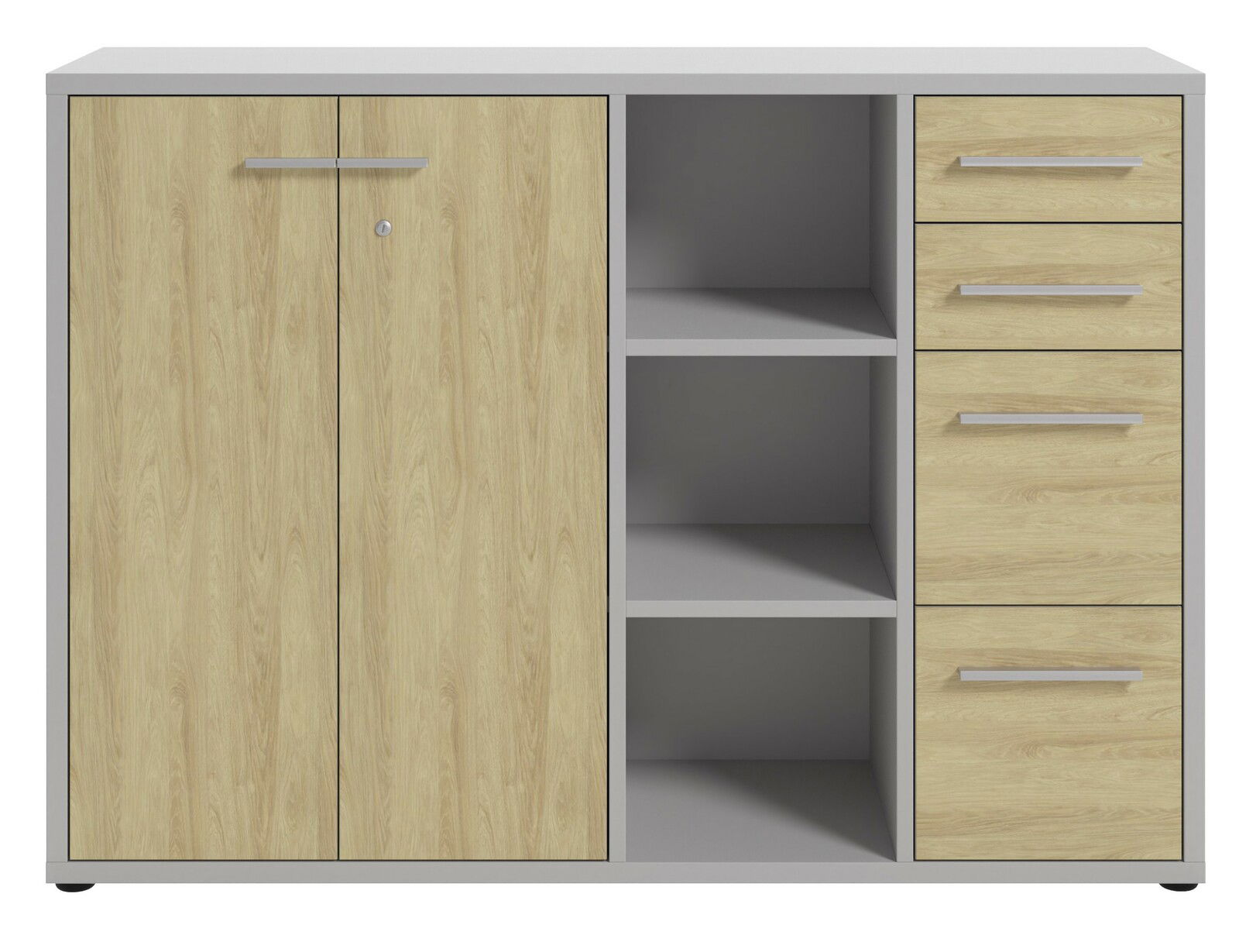 Aktenschrank mit zwei Türen, drei offenen Fächern und drei Schubladen, Frontansicht