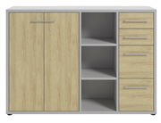 Aktenschrank mit zwei Türen, drei offenen Fächern und drei Schubladen, Frontansicht