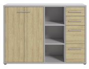 Aktenschrank mit zwei Türen, drei offenen Fächern und drei Schubladen, Frontansicht