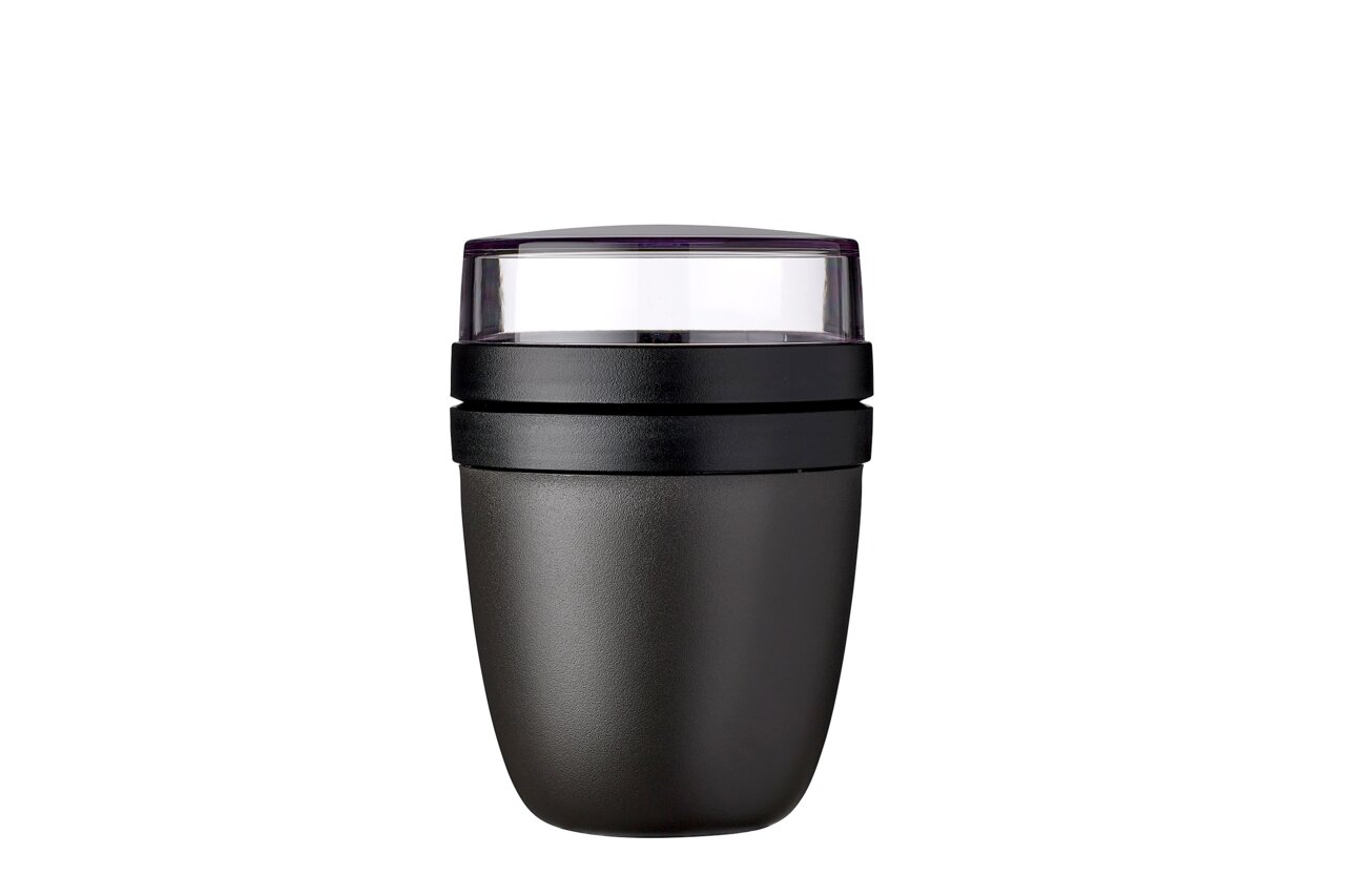 Schwarzes Snackpot-Set, bestehend aus drei Teilen, mit transparentem Deckel, frontal abgebildet.