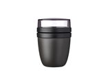 Schwarzes Snackpot-Set, bestehend aus drei Teilen, mit transparentem Deckel, frontal abgebildet.