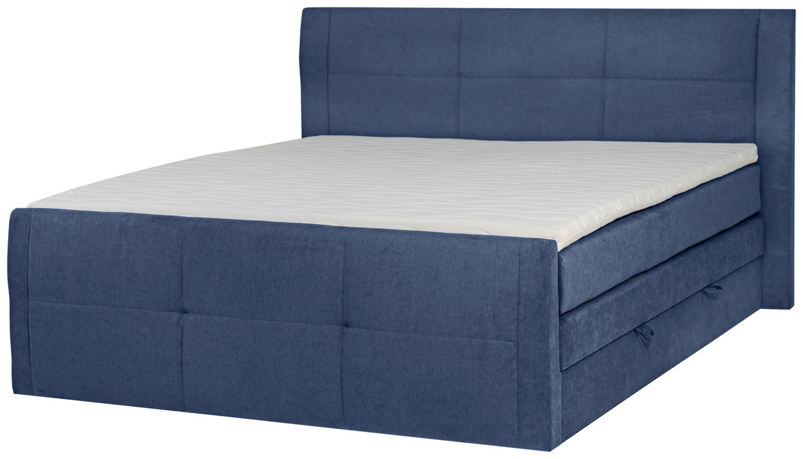 Blaues Boxspringbett 180 LIMOS mit gepolstertem Kopfteil, seitliche Perspektive