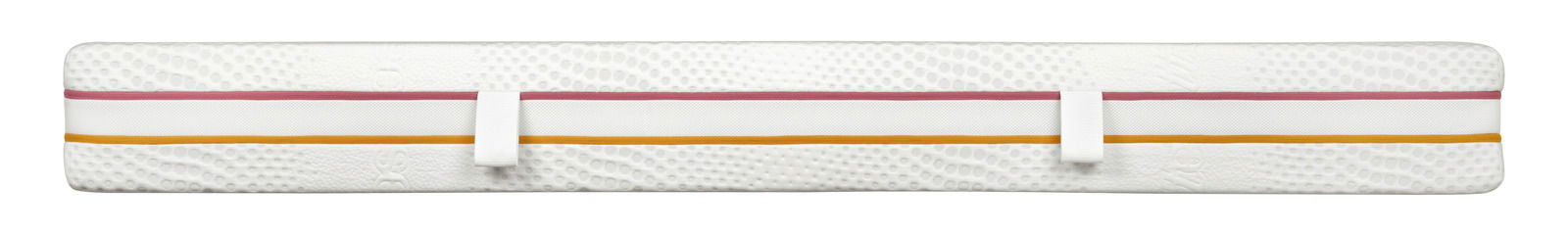 Seitenansicht einer Matratze 90x190 mit zwei farbigen Streifen und Tragegriffen