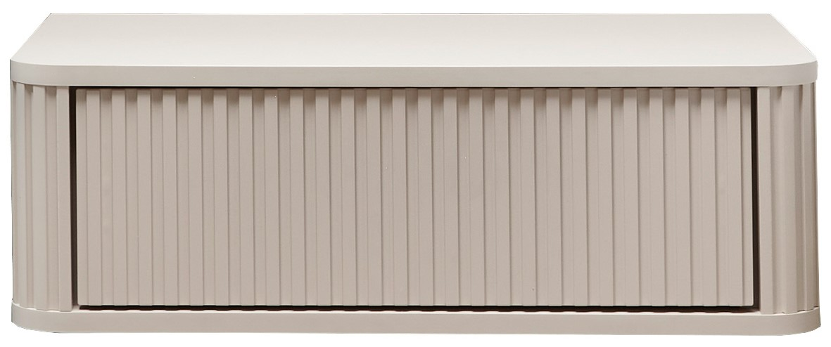 Beiger Rolladenschrank mit geriffelter Front und abgerundeten Ecken, frontal aus der Vorderansicht fotografiert.