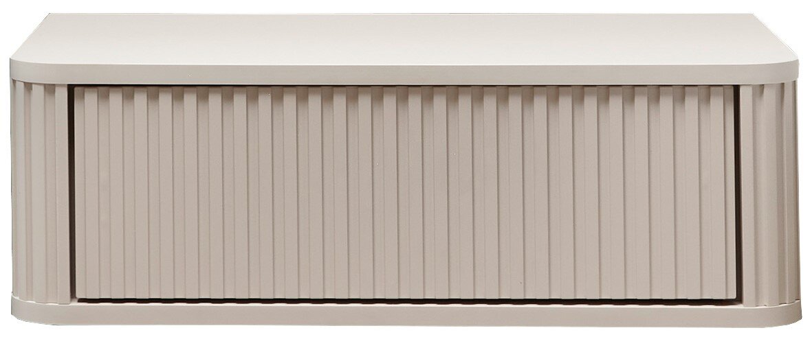 Beige rolluikkast met geribbeld front en afgeronde hoeken, van voren gefotografeerd.
