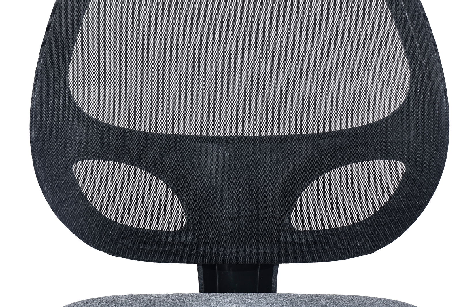 Rückansicht eines Drehstuhls mit Netzrückenlehne und grauem Sitzpolster