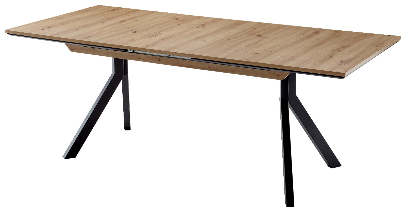 Moderne vierpootstafel met houtlook en zwarte metalen poten, zijaanzicht