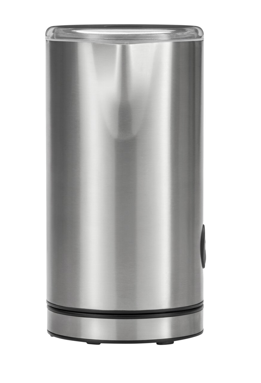 Silberner Milchaufschäumer Stelio aus Edelstahl, frontal fotografiert