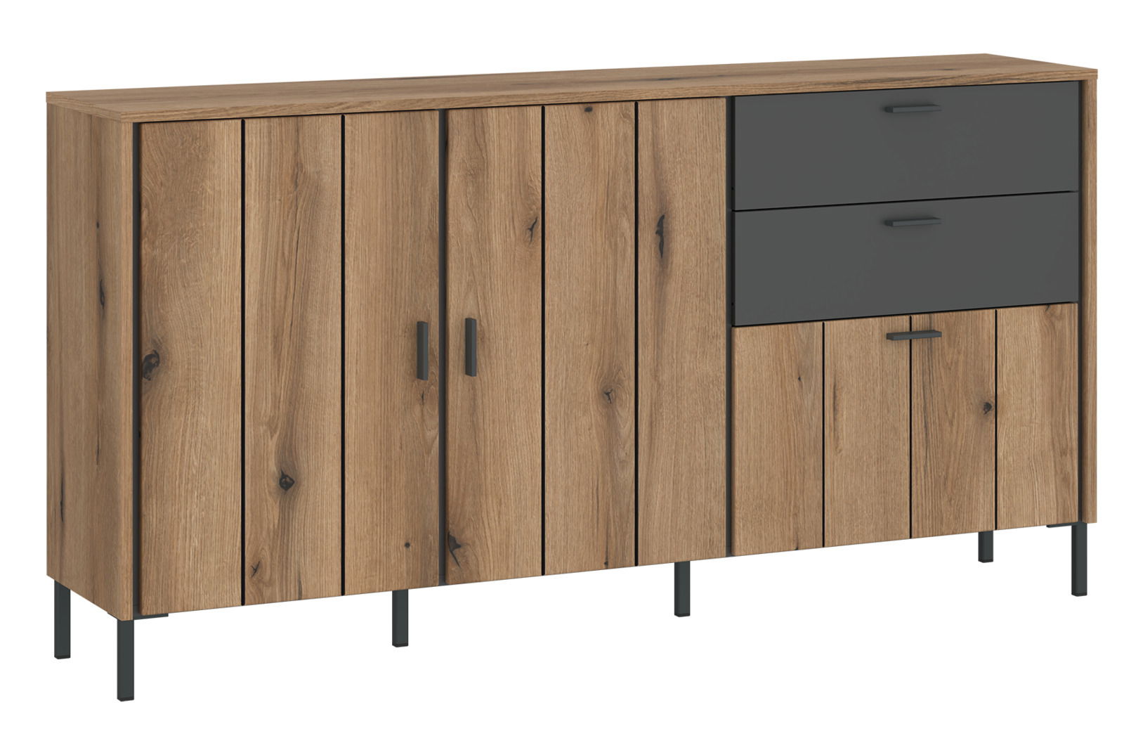 Z2 Sideboard SHIRLEY Modernes Sideboard aus Holz mit zwei grauen Schubladen und vier Türen, seitliche Perspektive