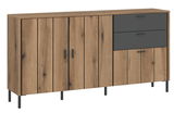 Modernes Sideboard aus Holz mit zwei grauen Schubladen und vier Türen, seitliche Perspektive