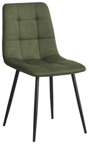 Moderner grüner Stuhl mit gepolsterter Sitzfläche und schwarzen Metallbeinen, seitliche Perspektive