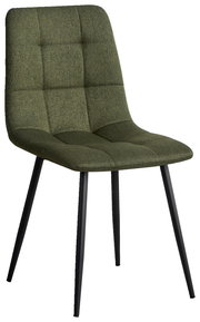 Moderner grüner Stuhl mit gepolsterter Sitzfläche und schwarzen Metallbeinen, seitliche Perspektive