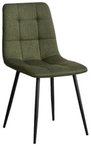 Moderner grüner Stuhl mit gepolsterter Sitzfläche und schwarzen Metallbeinen, seitliche Perspektive