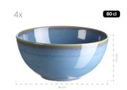 Blaue, glänzend glasierte Keramikschüssel mit Farbverlauf und leicht bräunlichem Rand, ca. 16 cm Durchmesser und 7,5 cm Höhe, 80 cl Fassungsvermögen, in frontaler Seitenansicht vor weißem Hintergrund