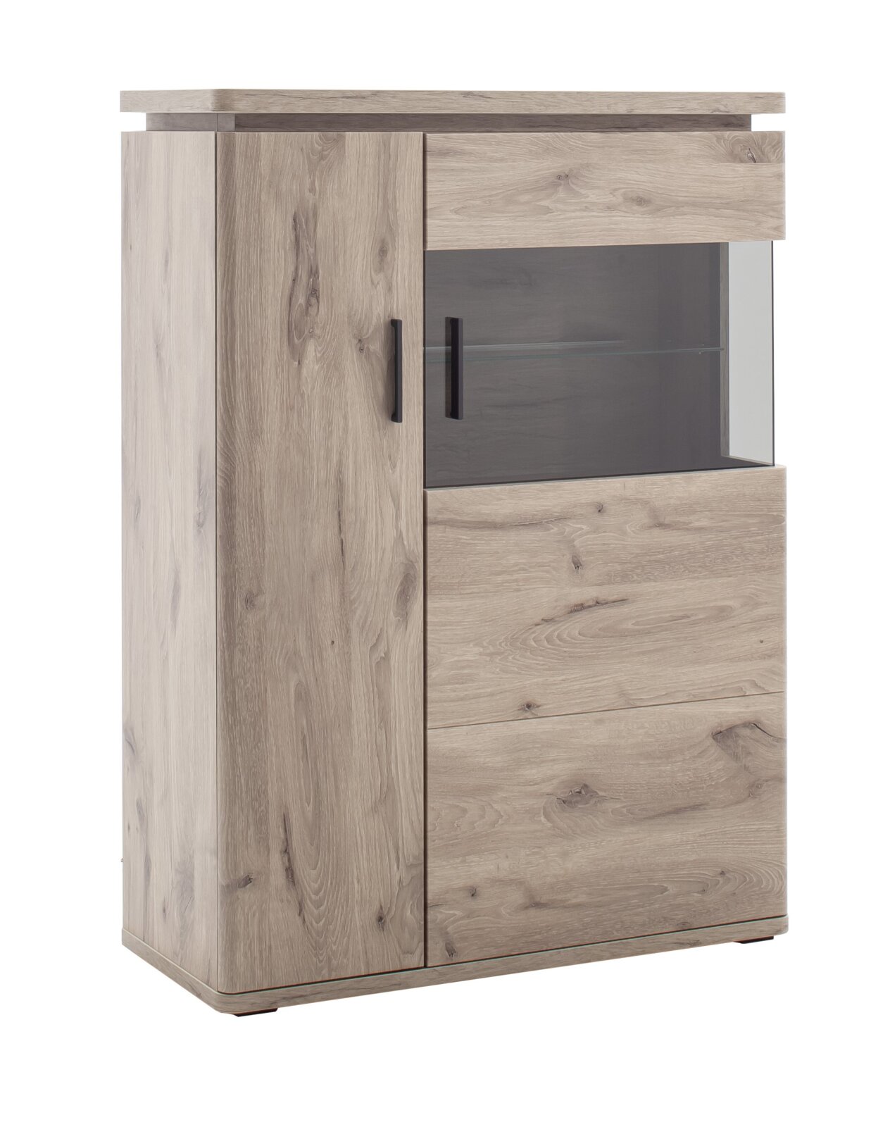Zurbrüggen Highboard MODENA Hohe Holz-Kommode in heller Eichenoptik mit linker Tür, zwei Schubladen und mittlerem Glasfach mit schwarzen Griffen, frontal aus leicht seitlicher Perspektive