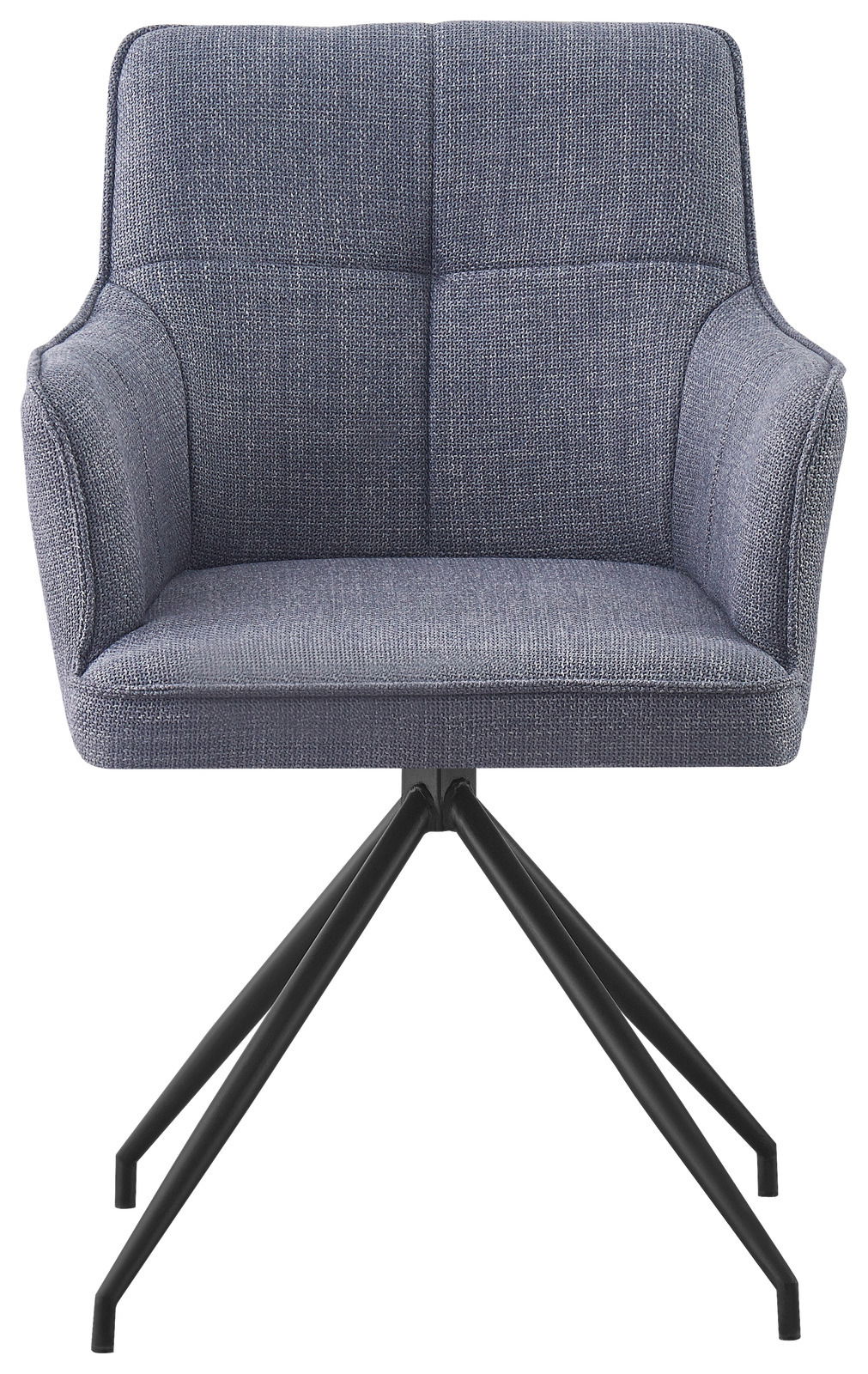 Grauer Armlehnstuhl mit gepolstertem Sitz und Rückenlehne, auf schwarzem Metallgestell. Frontalansicht.