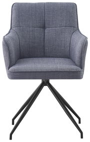 Grauer Armlehnstuhl mit gepolstertem Sitz und Rückenlehne, auf schwarzem Metallgestell. Frontalansicht.