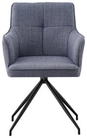 Grauer Armlehnstuhl mit gepolstertem Sitz und Rückenlehne, auf schwarzem Metallgestell. Frontalansicht.