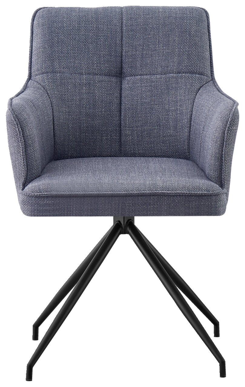 Grijze fauteuil met gestoffeerde zitting en rugleuning, op een zwart metalen onderstel. Vooraanzicht.