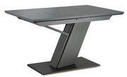 Moderner Tisch mit schrägem Standfuß in dunkler Holzoptik, seitliche Perspektive