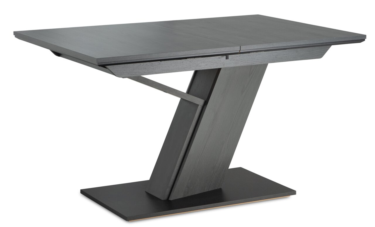 Moderner Tisch mit schrägem Standfuß in dunkler Holzoptik, seitliche Perspektive
