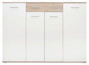 Frontansicht eines XL-Schuhschranks mit weißer Oberfläche und einer Schublade in Holzoptik.