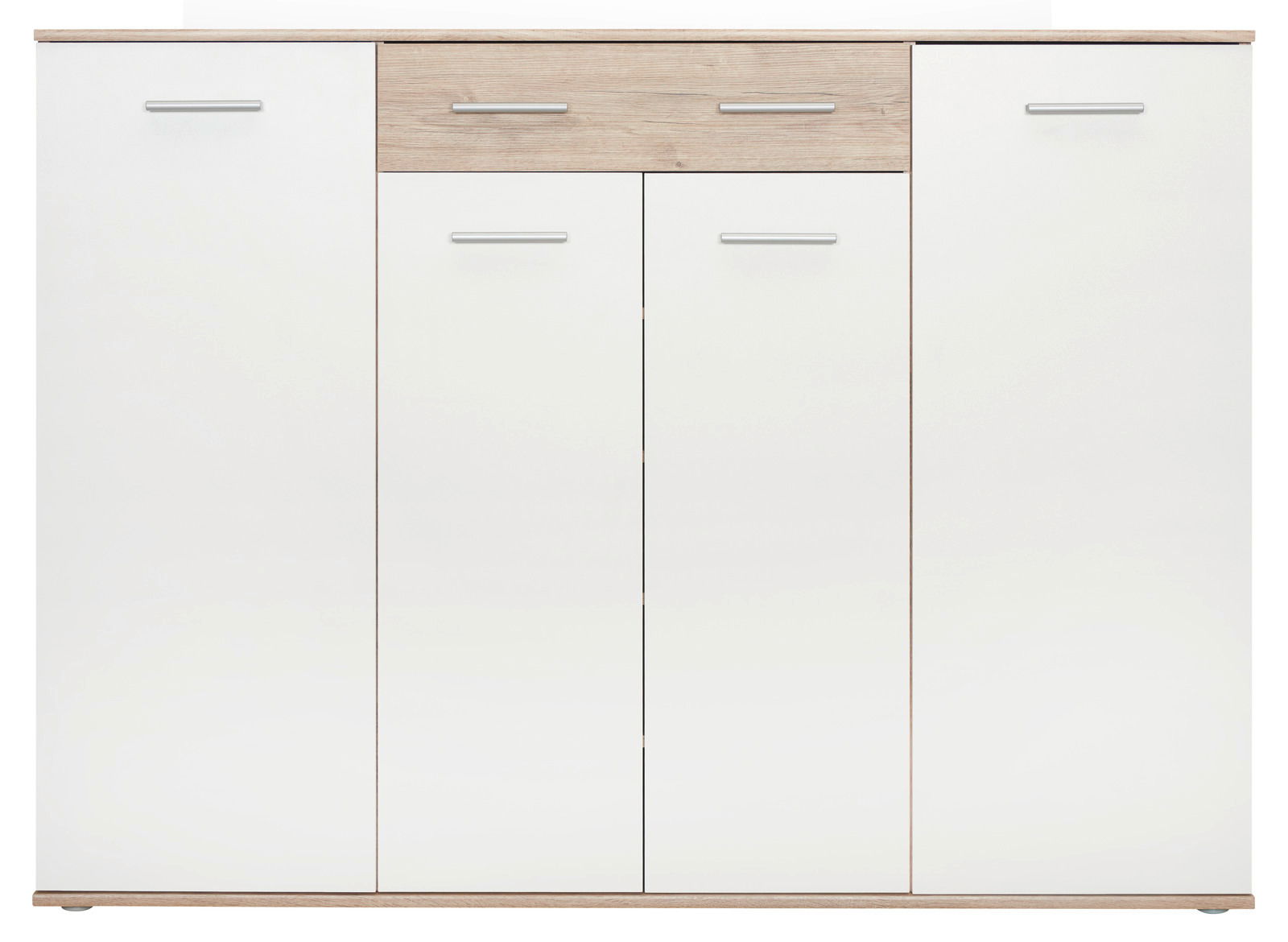 Frontansicht eines XL-Schuhschranks mit weißer Oberfläche und einer Schublade in Holzoptik.