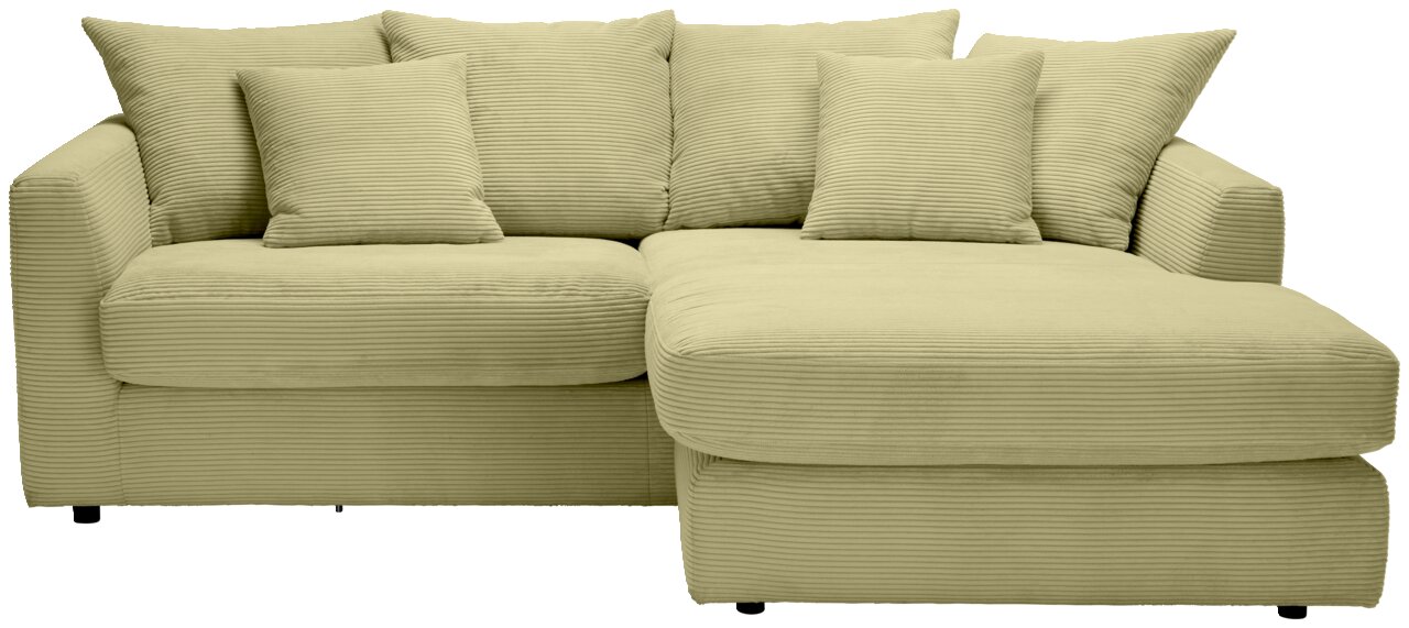 Grünes Ecksofa mit mehreren Kissen, Vorderansicht
