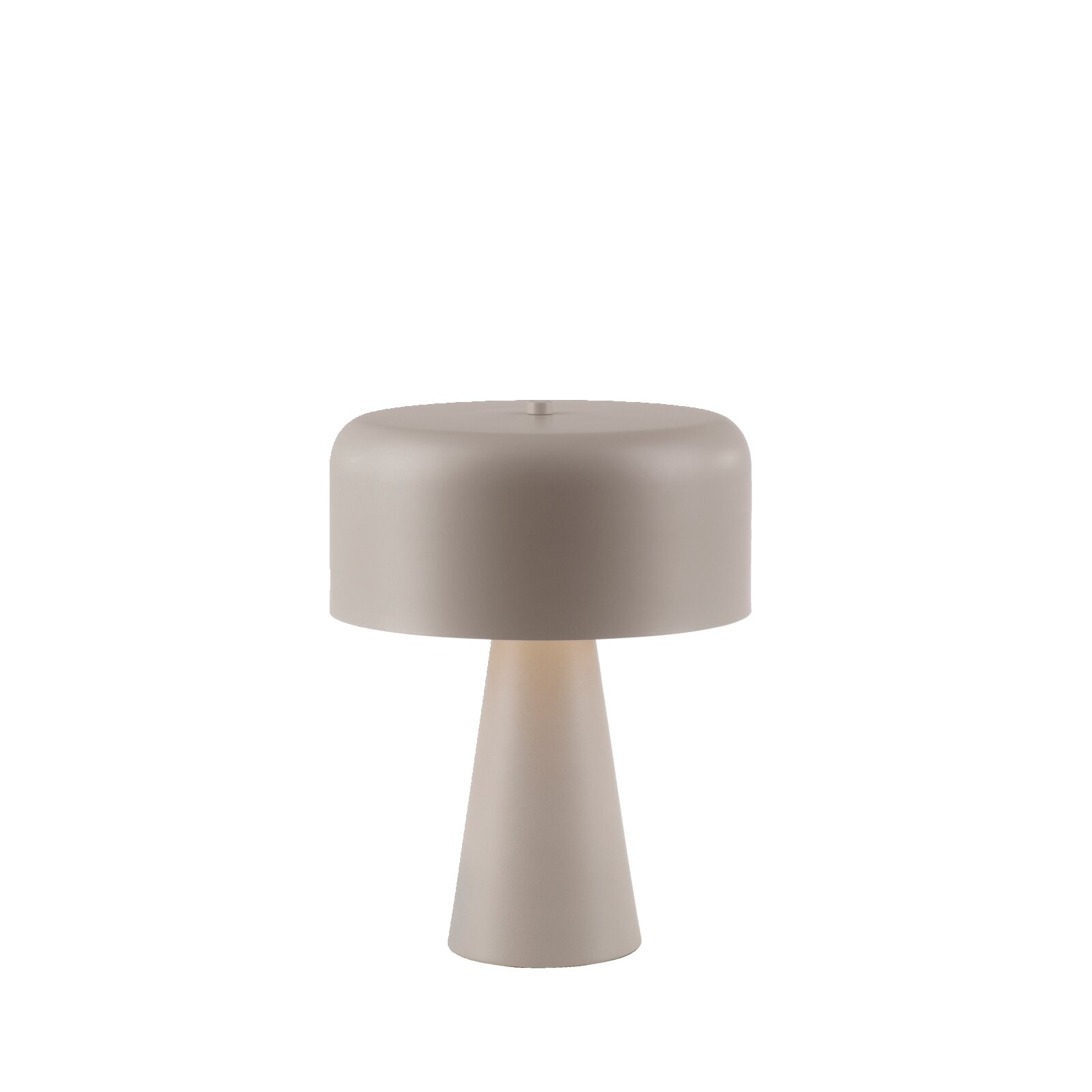 Minimalistische Tischlampe in Beige mit zylindrischem Lampenschirm und konischem Fuß, seitliche Frontansicht vor grauem Hintergrund, Stromkabel sichtbar