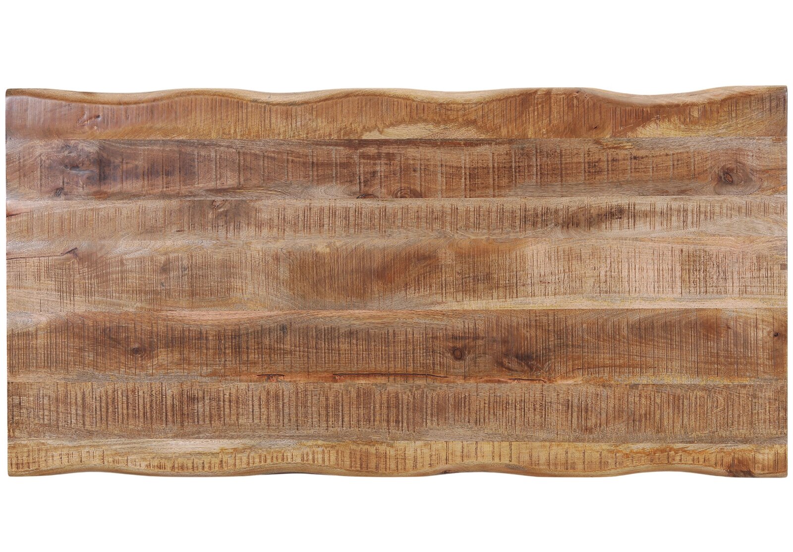 Rustikale Tischplatte aus massivem Holz mit markanter Maserung, naturbelassenen Kanten und warmer brauner Farbgebung, aus der Draufsicht gezeigt