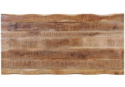 Rustikale Tischplatte aus massivem Holz mit markanter Maserung, naturbelassenen Kanten und warmer brauner Farbgebung, aus der Draufsicht gezeigt
