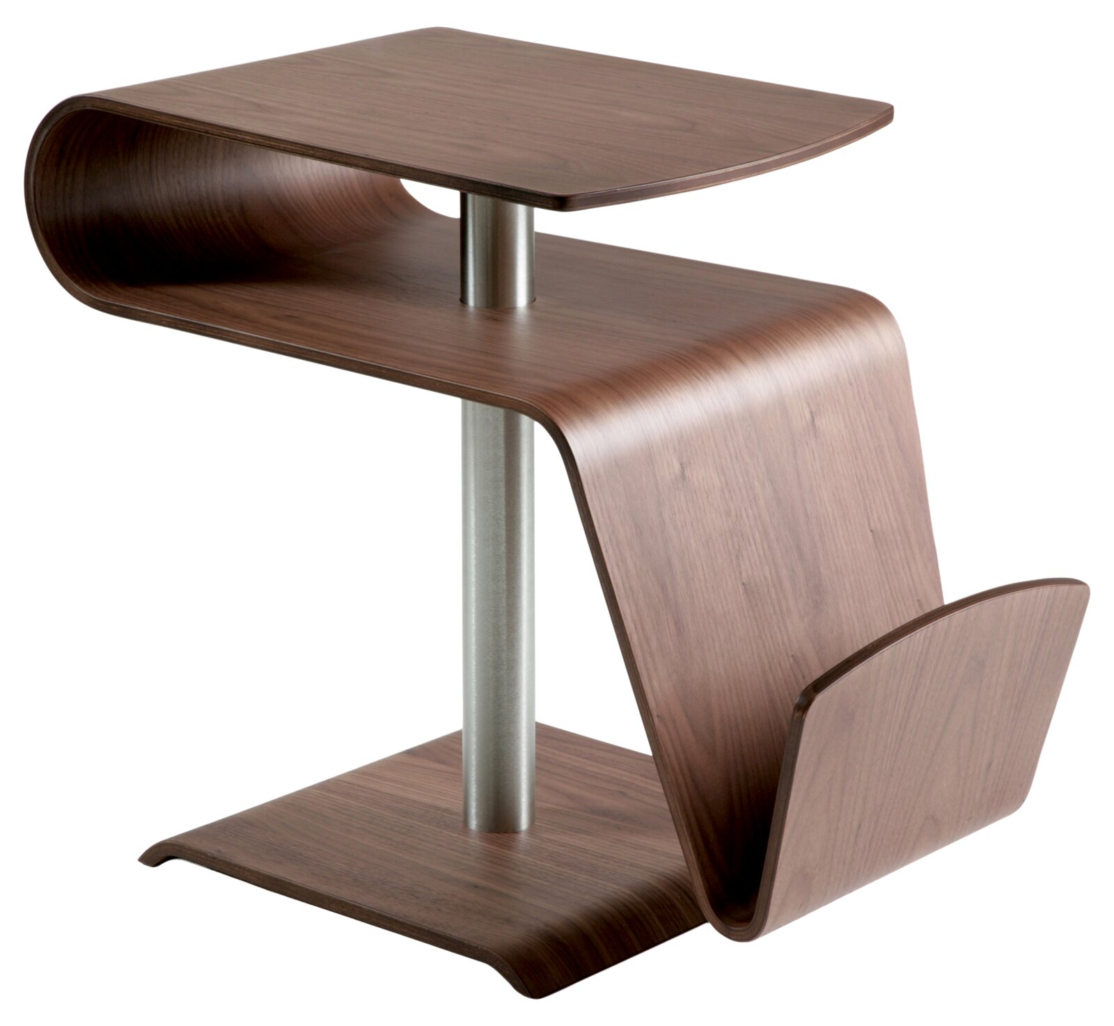 Moderner Beistelltisch aus Holz mit geschwungenem Design, seitliche Perspektive