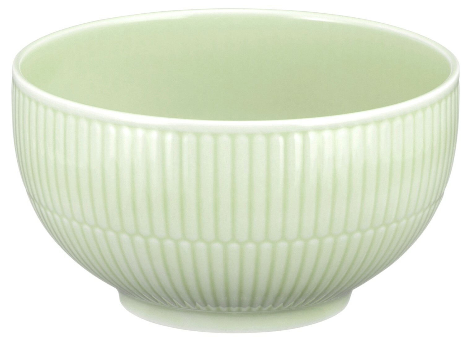 Seladonfarbene Müslischale mit geriffeltem Design, seitliche Perspektive