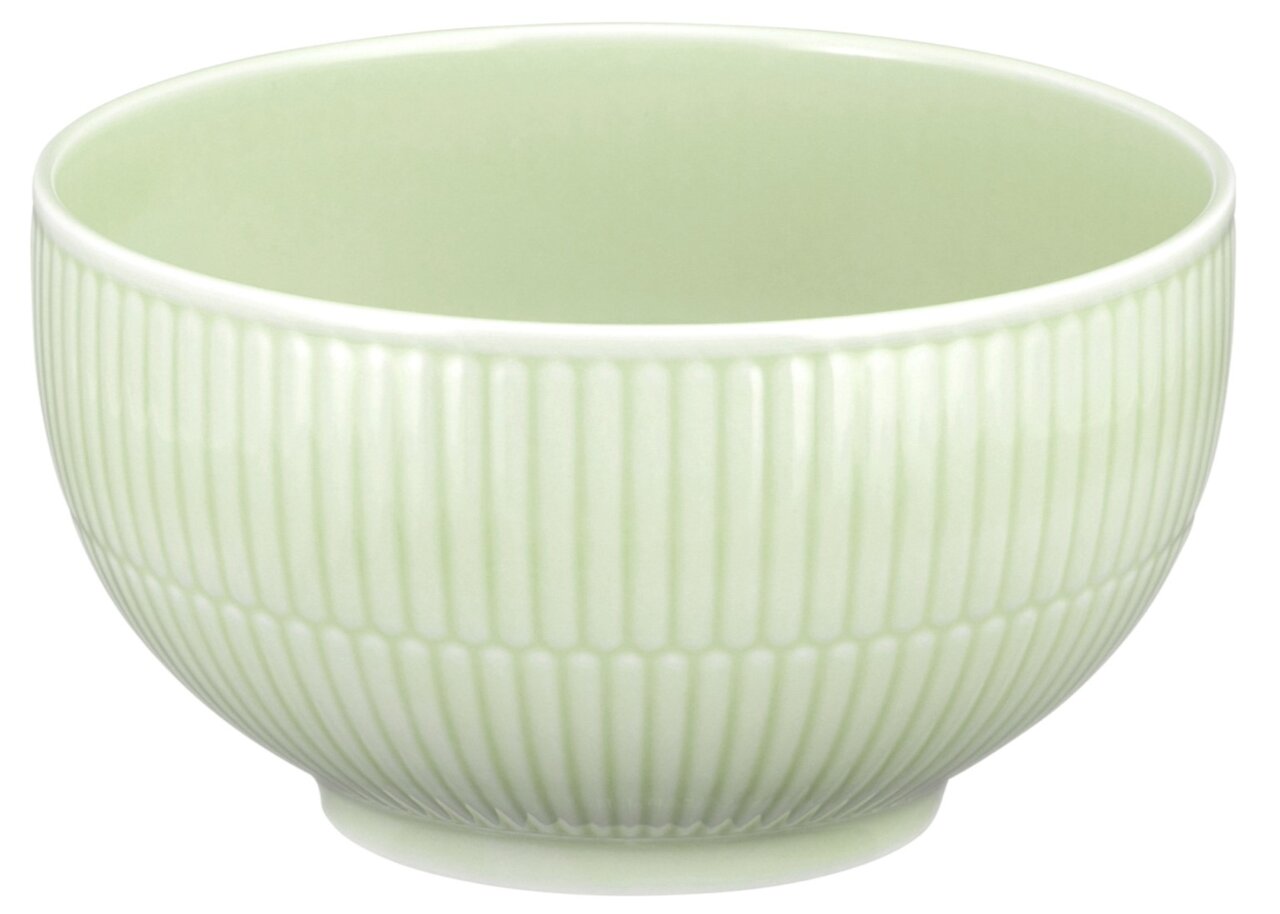 Seladonfarbene Müslischale mit geriffeltem Design, seitliche Perspektive