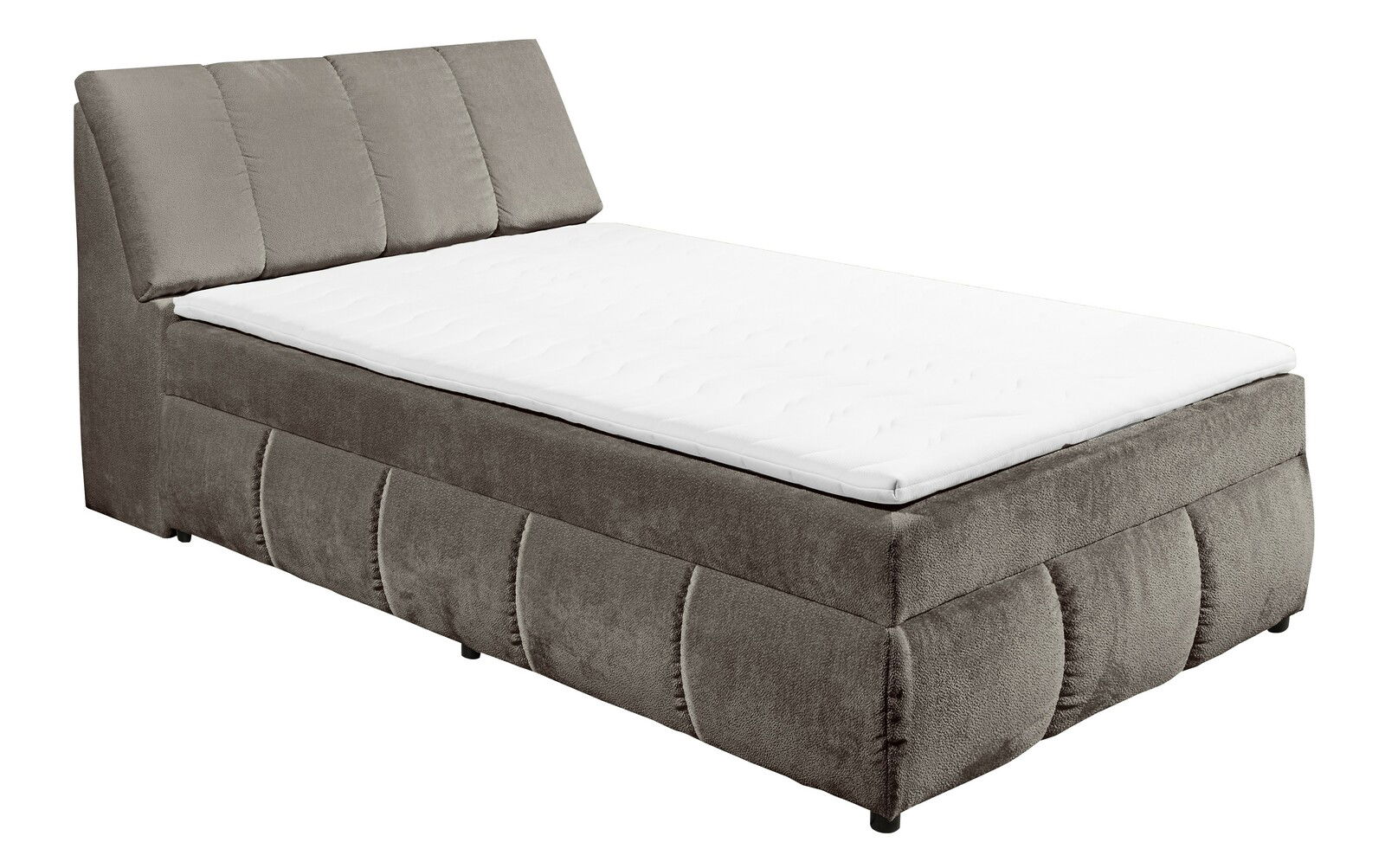 Boxspringbett in seitlicher Perspektive mit grauem Stoffbezug und weißer Matratze