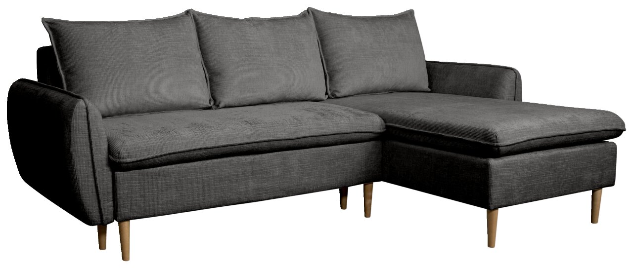 Graues Ecksofa mit Holzbeinen, Perspektive von vorne rechts