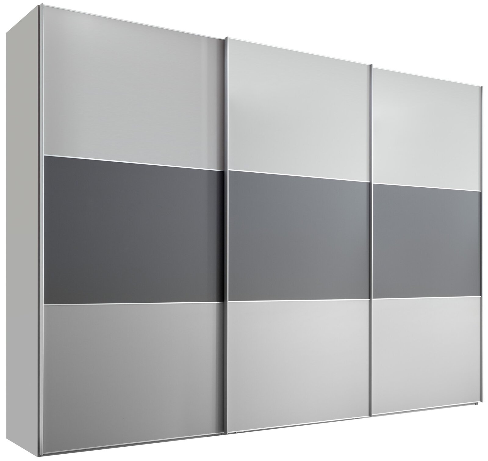 Moderano Schwebetürenschrank Serie PRIMO in einer frontalen Ansicht mit drei Türen in verschiedenen Grautönen.