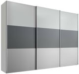 Moderano Schwebetürenschrank Serie PRIMO in einer frontalen Ansicht mit drei Türen in verschiedenen Grautönen.
