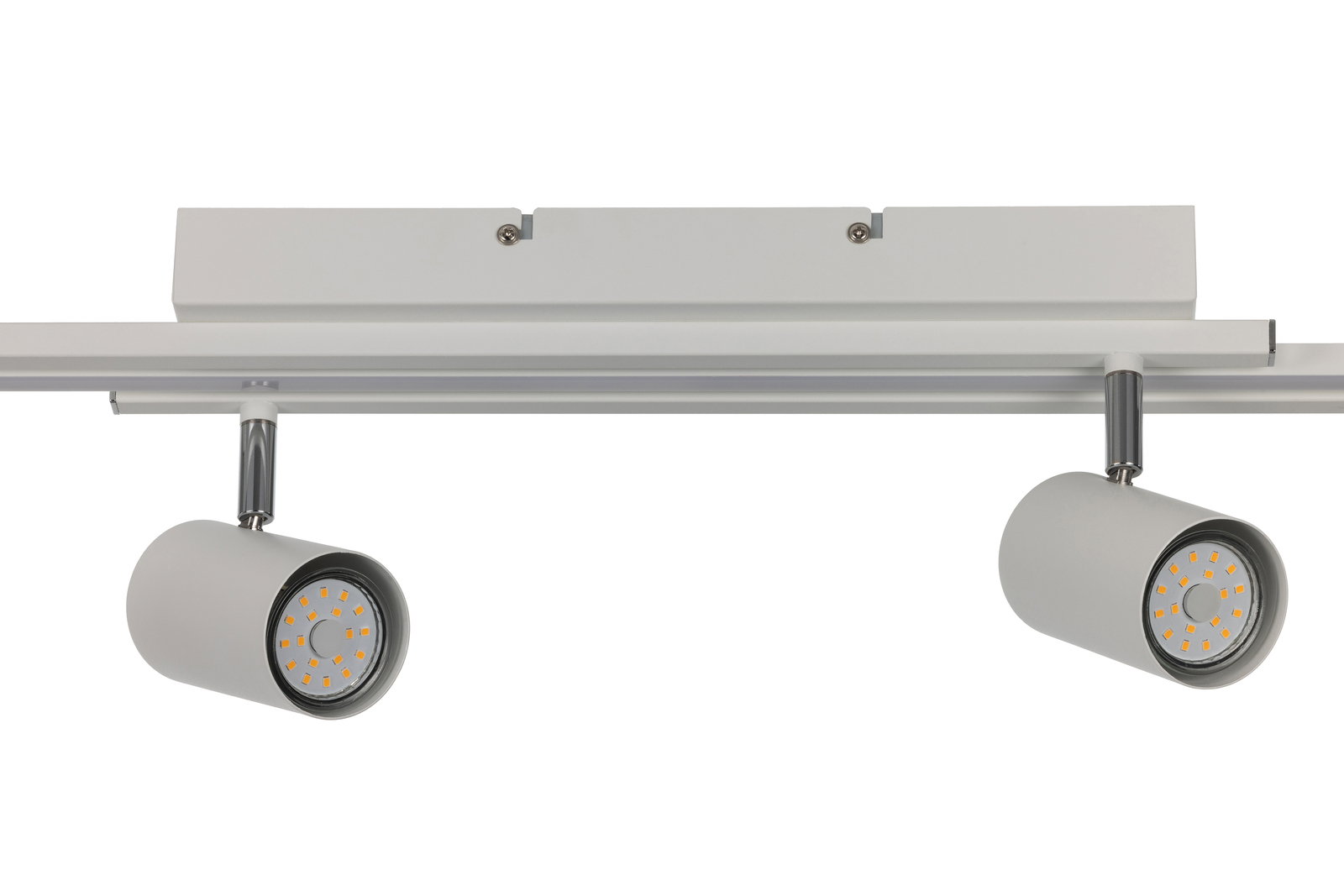 Zwei zylindrische LED-Strahler an einer Schiene, Ansicht von vorne