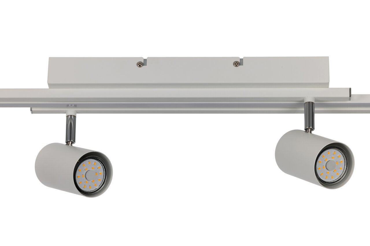 Zwei zylindrische LED-Strahler an einer Schiene, Ansicht von vorne