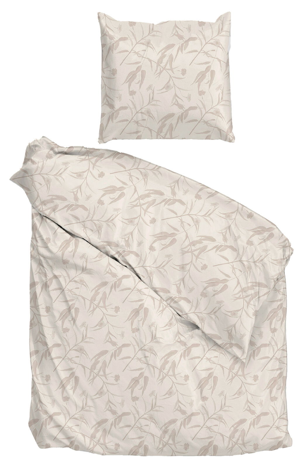 Bettwäsche-Set FIORI DI SATINADO in Creme mit floralem Muster, bestehend aus einem Kissenbezug und einem Bettdeckenbezug, aus der Vogelperspektive fotografiert.