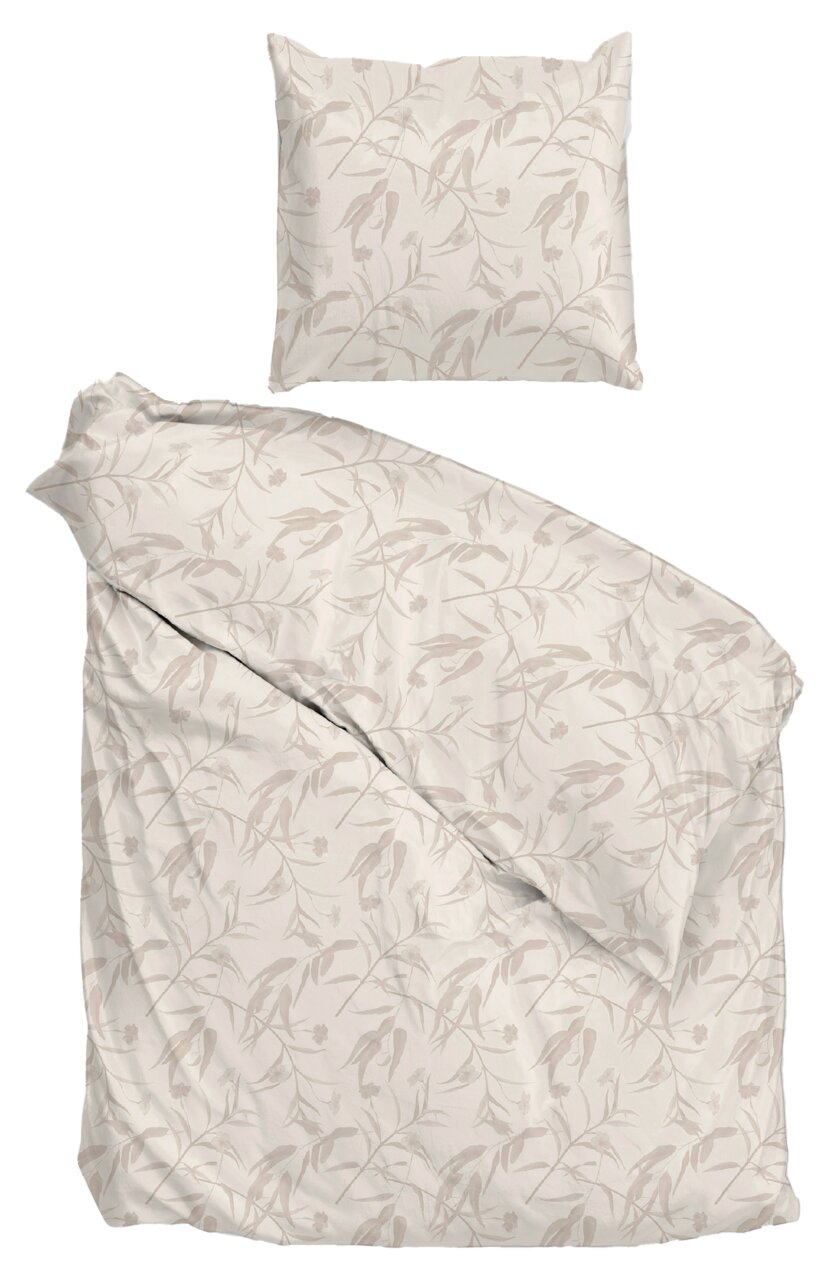 Bettwäsche-Set FIORI DI SATINADO in Creme mit floralem Muster, bestehend aus einem Kissenbezug und einem Bettdeckenbezug, aus der Vogelperspektive fotografiert.